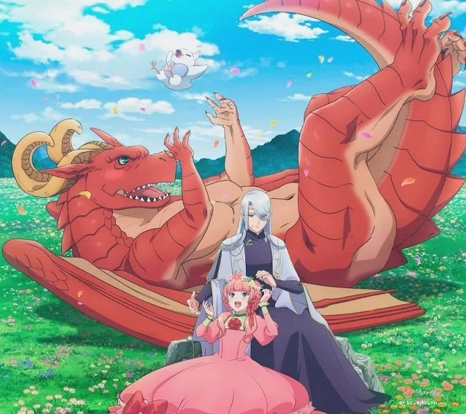 Một con rồng hùng mạnh trong anime với đôi cánh dang rộng trên bầu trời