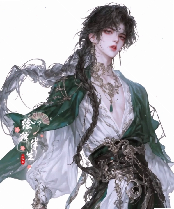 Mỹ nam cổ trang anime với mái tóc dài và ánh mắt sâu lắng