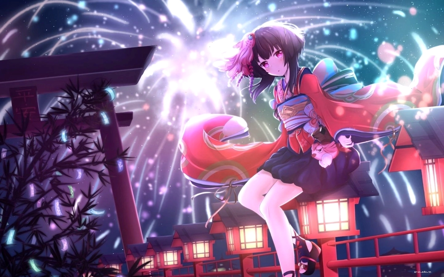 Nhân vật anime nữ đáng yêu cute trong phục trang kimono bên khung cảnh thiên nhiên