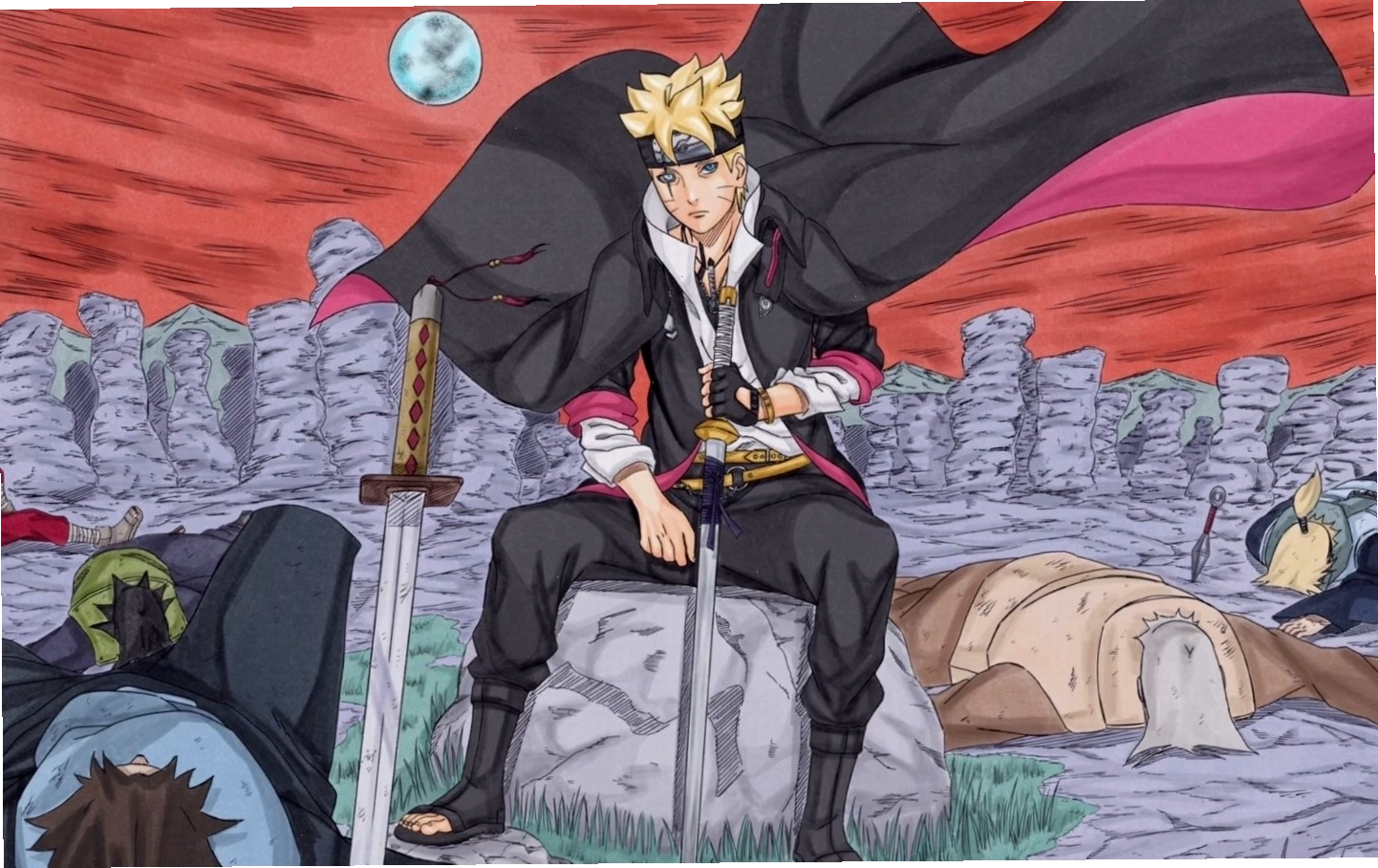 Nhân vật Boruto thực hiện thế tấn công trong bối cảnh anime kịch tính
