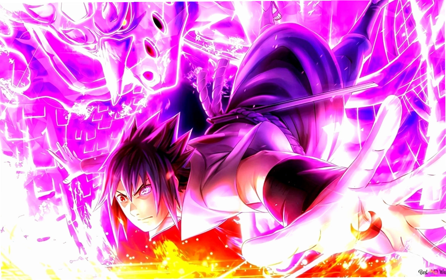 Nhân vật Sasuke Uchiha trong trang phục mạnh mẽ, bối cảnh anime ma mị