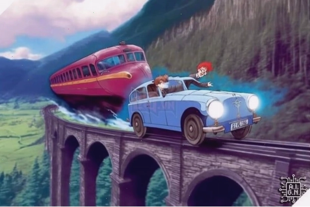 Nhiều nhân vật Harry Potter trong một khung hình anime