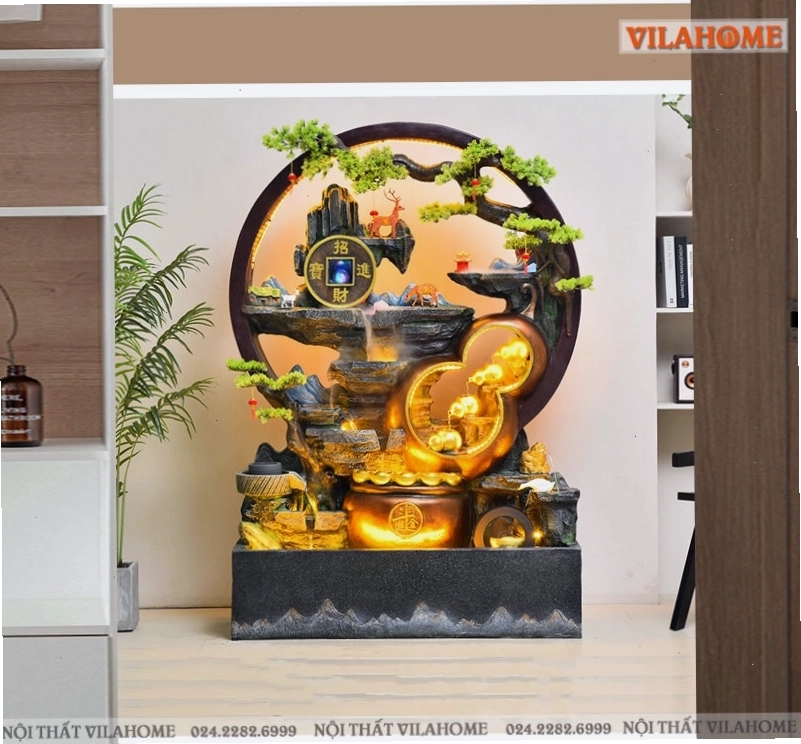 Thác nước phong thủy kết hợp bình gốm trang trí