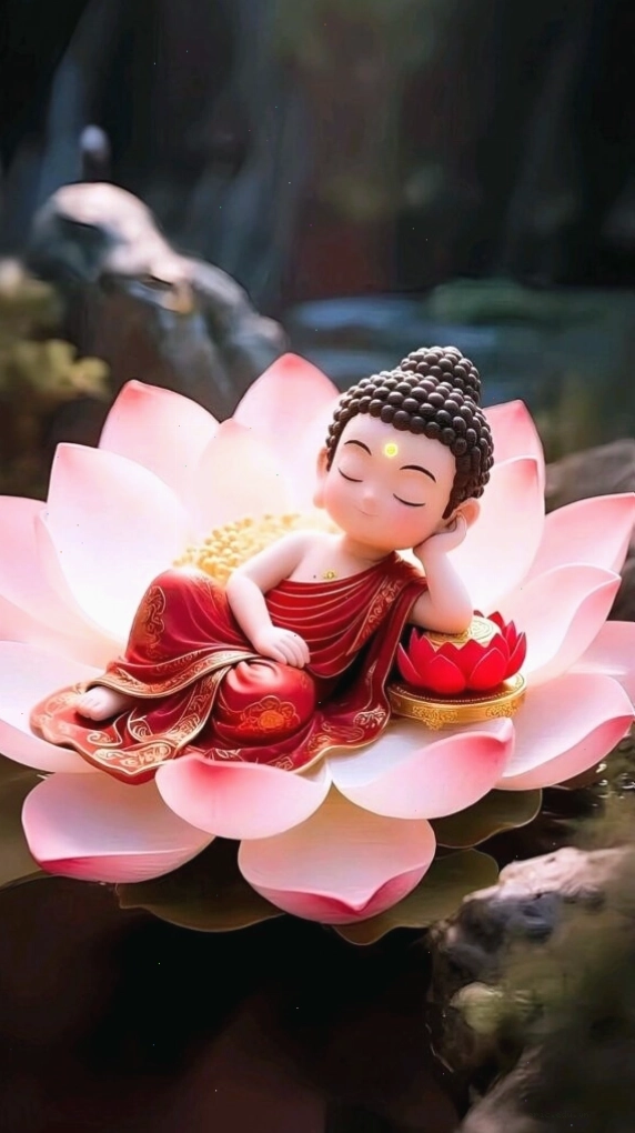 Tiểu hòa thượng ngủ say trên một bông sen lớn, dáng vẻ an nhiên
