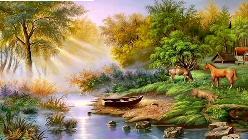 Tranh phong thủy phong cảnh miền quê sông nước thanh bình