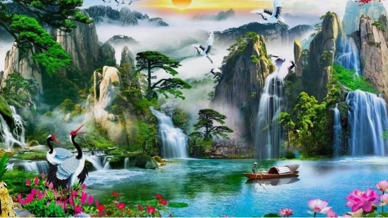 Tranh Sơn Thủy Hữu Tình với núi cao và dòng sông uốn lượn