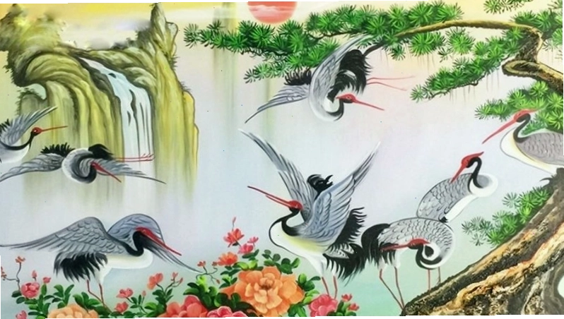 Tranh Tùng Hạc Diên Niên và Hoa Mẫu Đơn với màu sắc tươi sáng