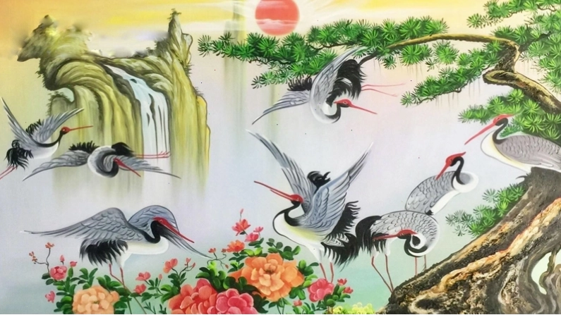 Tranh tùng hạc tượng trưng cho sự trường thọ và may mắn