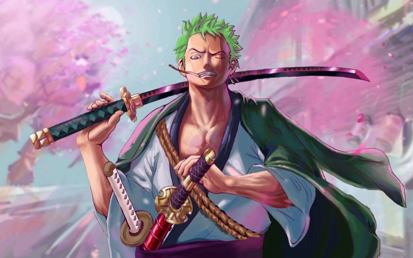 Zoro Roronoa thực hiện thế tấn công mạnh mẽ trong bối cảnh anime kịch tính