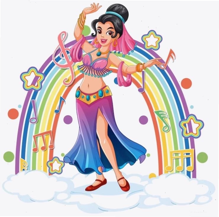 Belly dancer performing in front of a rainbow