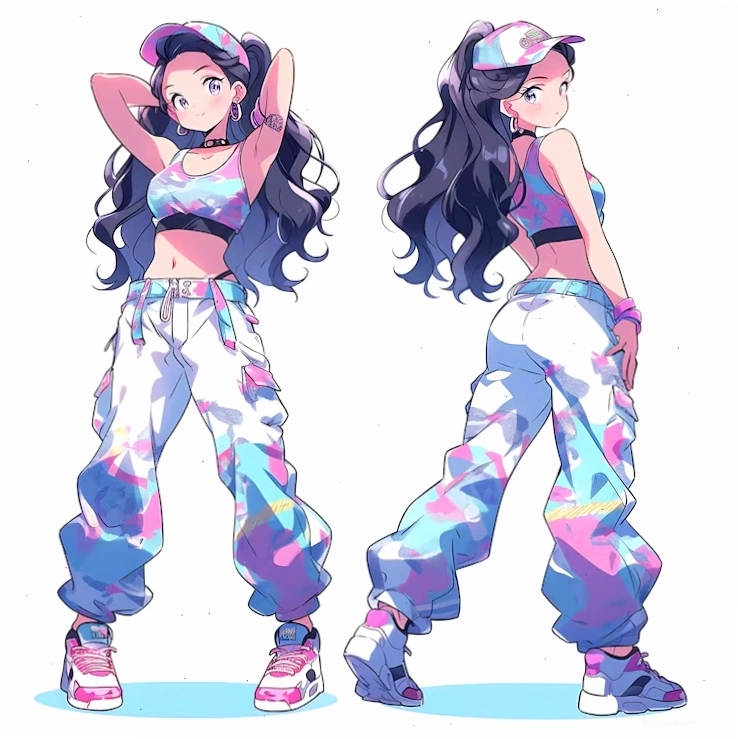 Colorful female chibi kawaii dancer in sporty fashion