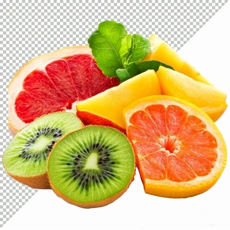 Sự sắp xếp màu sắc của các loại trái cây thái lát như kiwi và bưởi