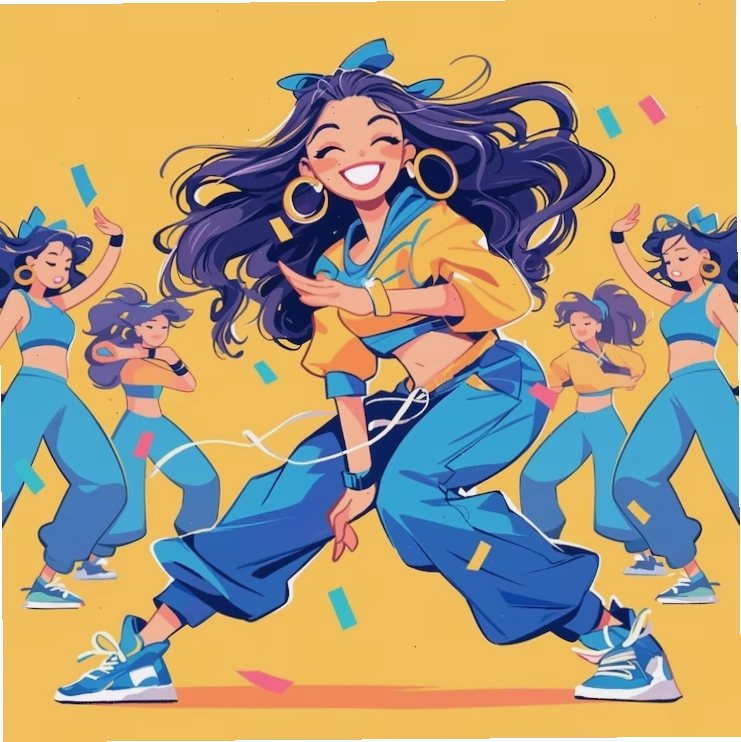 Woman in her 50s doing zumba in cartoon style